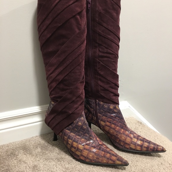 🇨🇦 89 Indo, Heeled Boots, Suede & Faux Alligator, Size 9, Purple - Picture 2 of 6